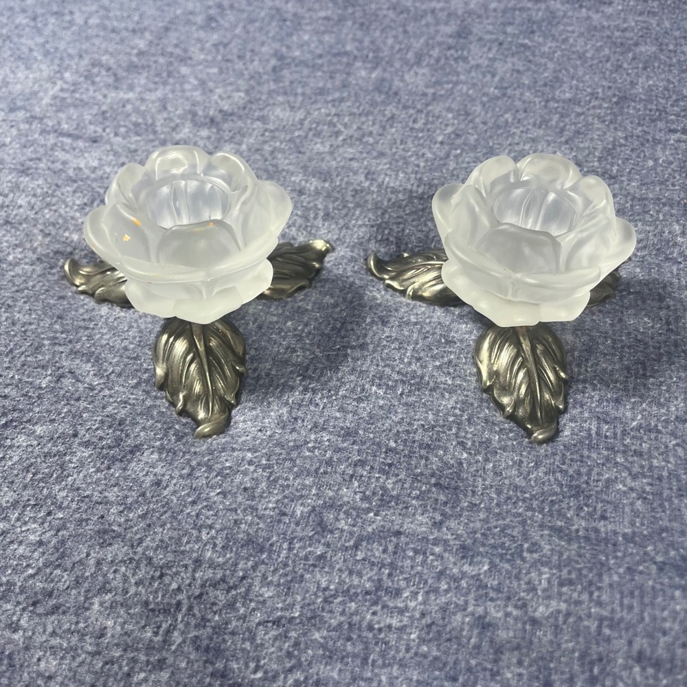 Frosted Glass Rose Candle Holders Pewter Leaf Base Votive Tea Light Set of 2